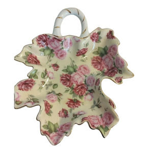 La Dolce‎ Vita Leaf DISH Candy Spoon Pink Red Roses GOLD Trim Handle Valerie